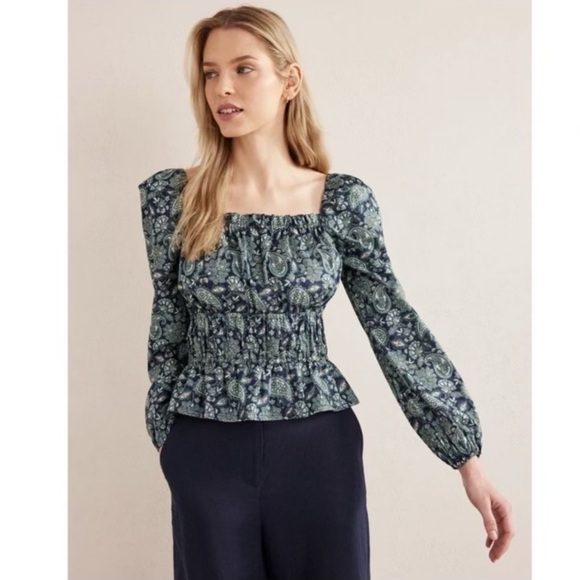 NWOT Boden Ruched Waist Peplum Long Sleeve Cotton Deep Sea Paisley Size 8 - Picture 2 of 12